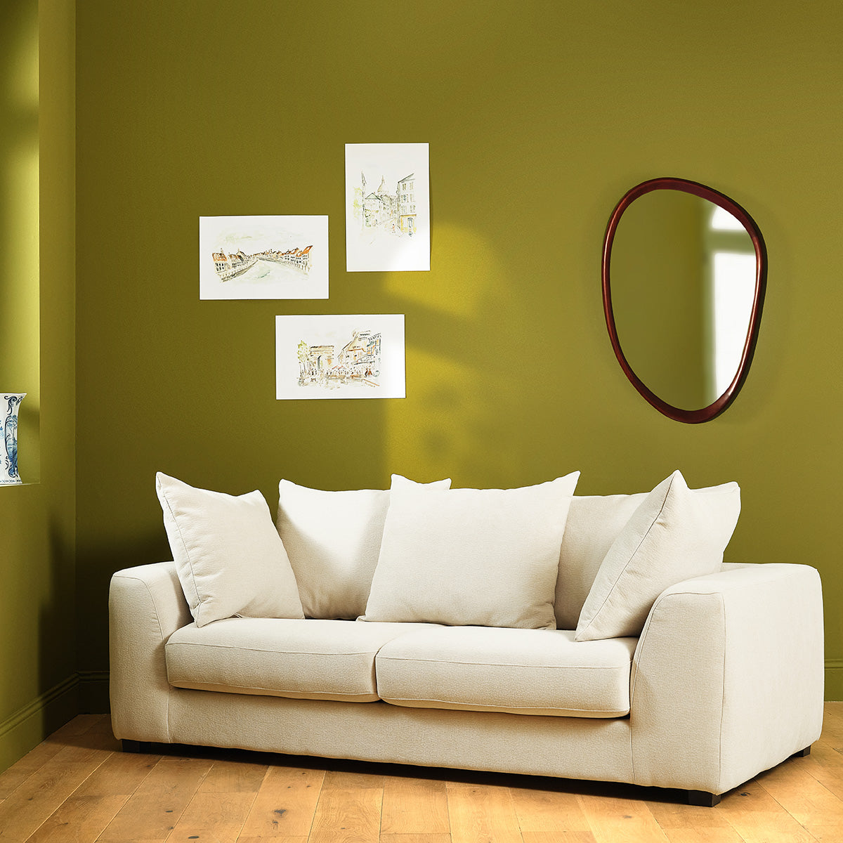 EDMOND - Gerades 3-Sitzer-Sofa mit Liegefunktion aus ecrufarbenem Stoff in Leinenoptik
