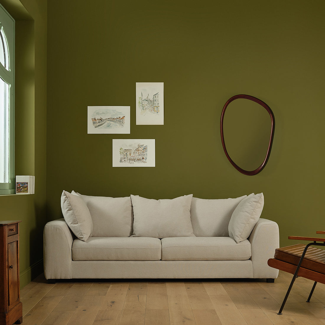 EDMOND - Gerades 4-Sitzer-Rechtssofa aus ecrufarbenem Stoff in Leinenoptik