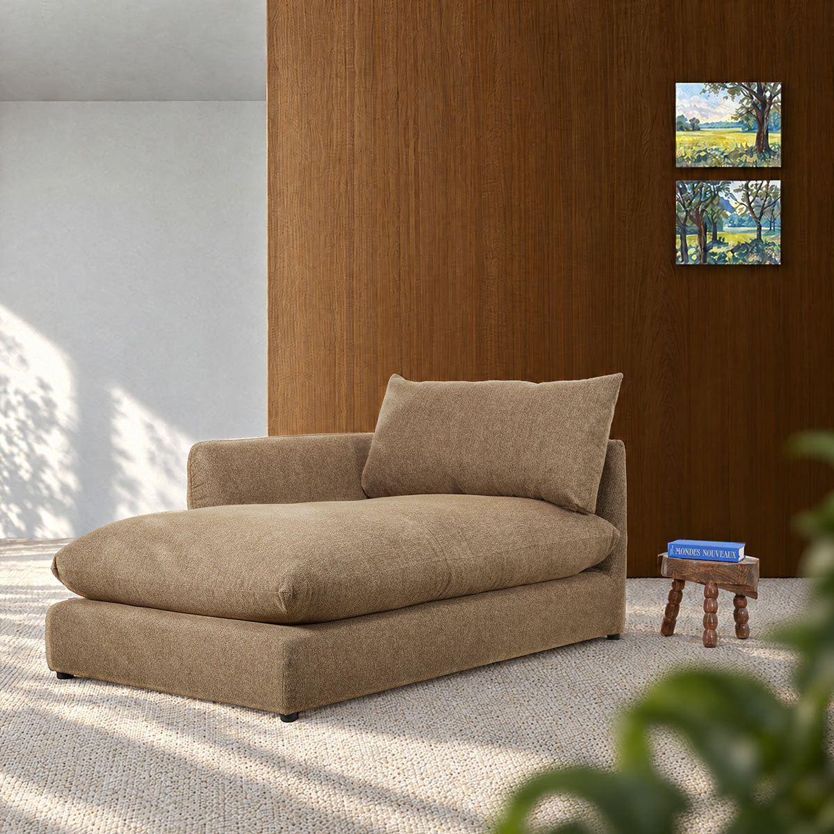 LEOPOLD - Modulares Chaiselongue (links) aus hellbraunem, strukturiertem Stoff