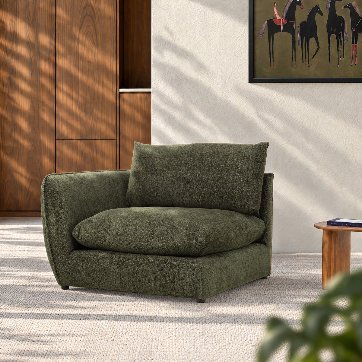 LEOPOLD - Modulares Eckelement aus grün melierter Chenille
