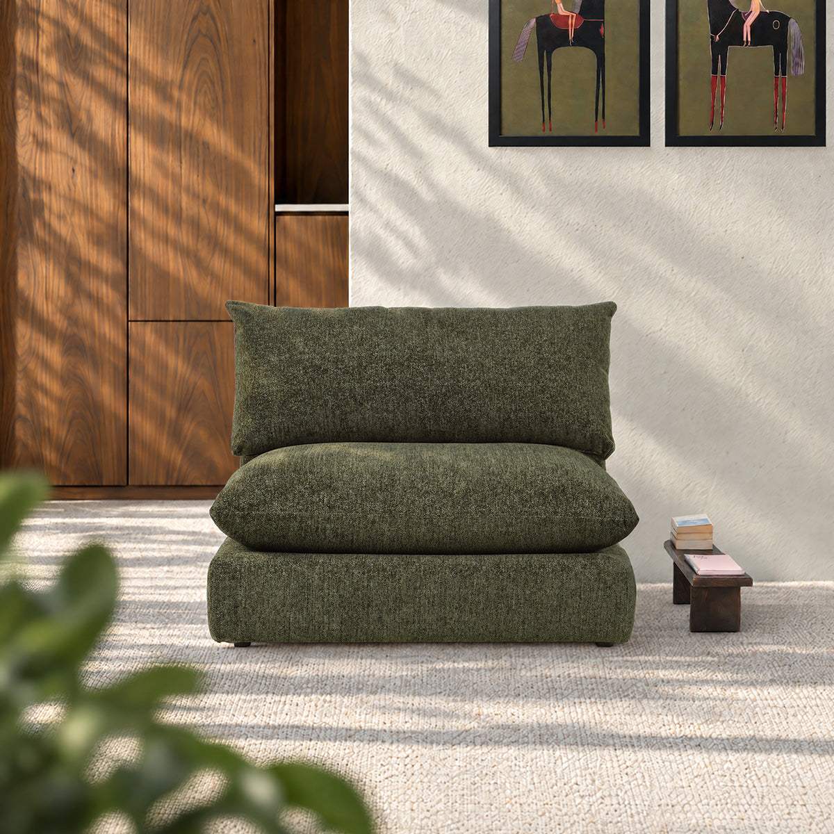 LEOPOLD - Modulares Sesselmodul aus grün meliertem Chenille-Stoff