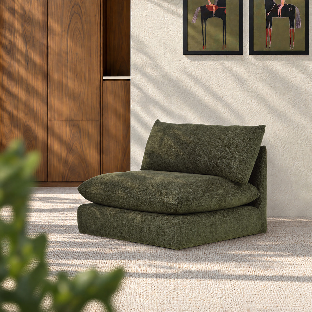 LEOPOLD - Modulares Sesselmodul aus grün meliertem Chenille-Stoff