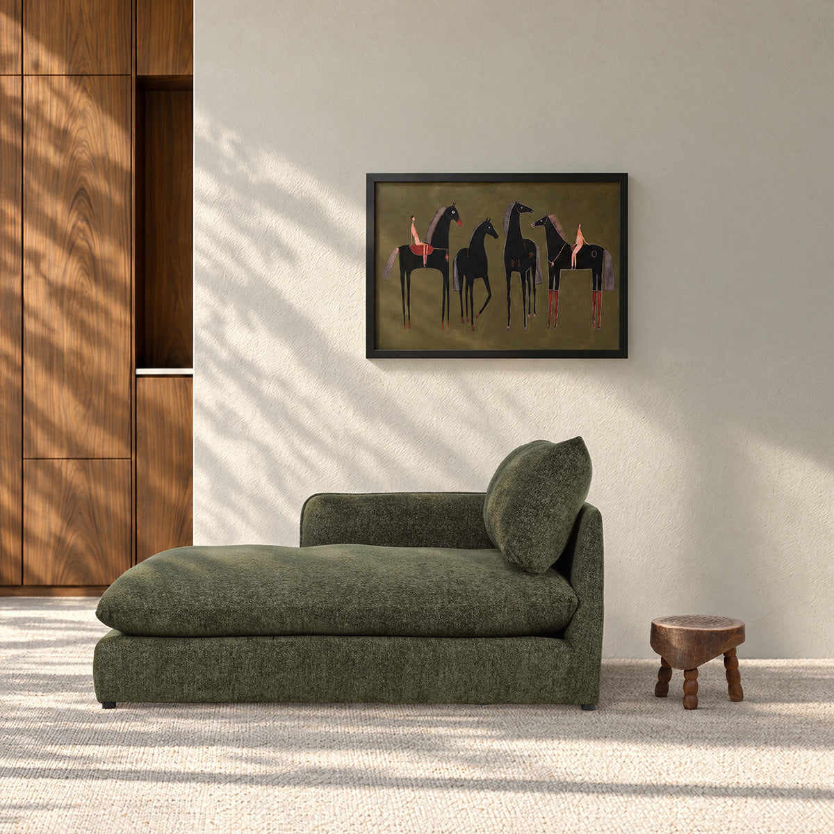 LEOPOLD - Modulares Chaiselongue (links) aus grün meliertem Chenille-Stoff