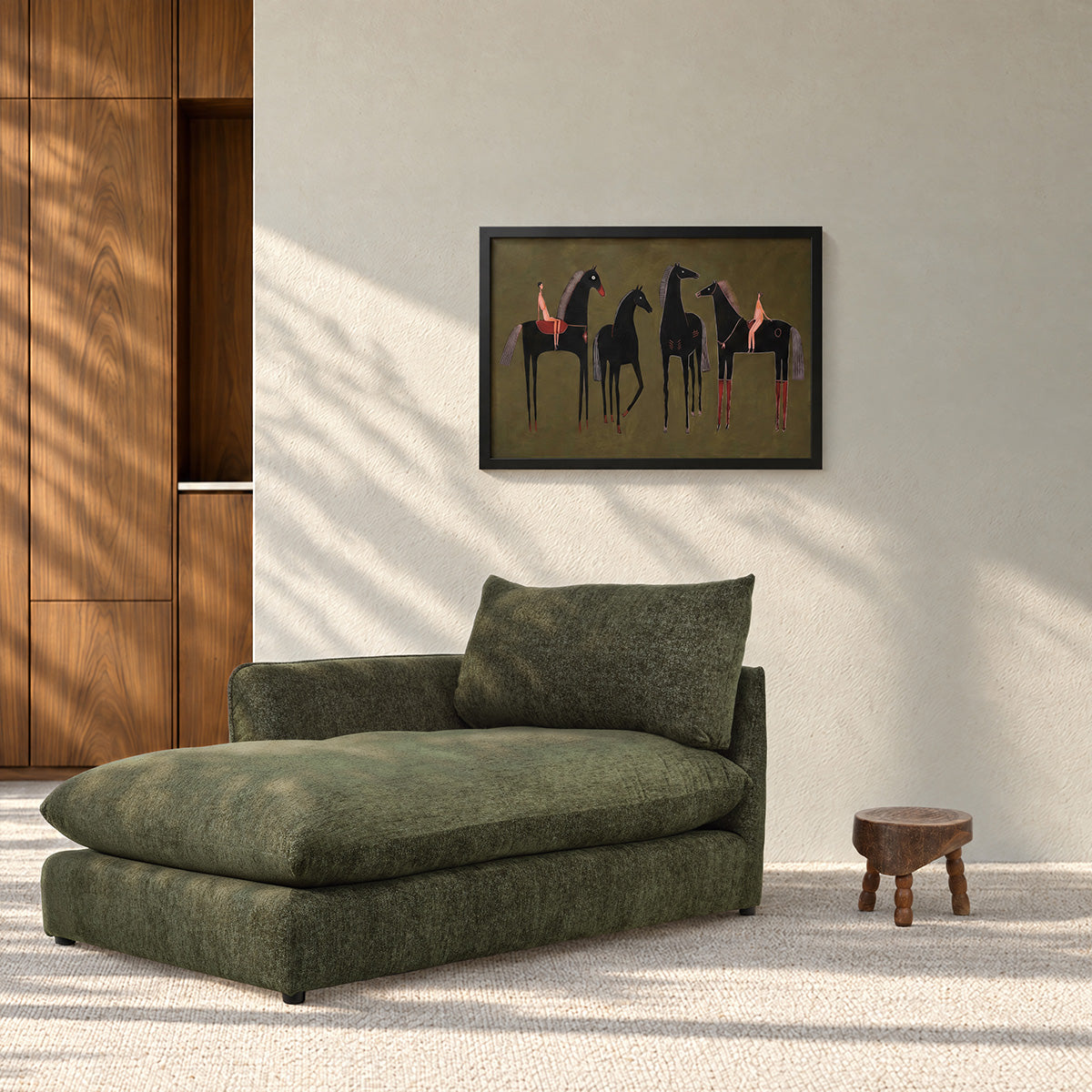 LEOPOLD - Modulares Chaiselongue (links) aus grün meliertem Chenille-Stoff