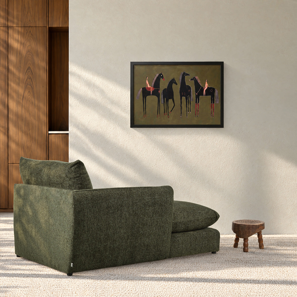 LEOPOLD - Modulares Chaiselongue (links) aus grün meliertem Chenille-Stoff