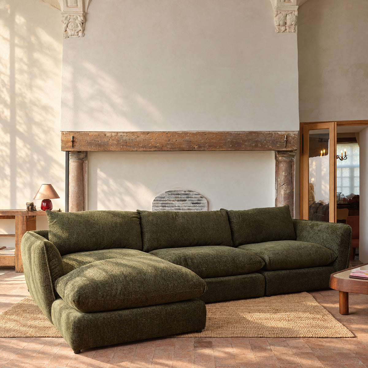 LEOPOLD - Modulares 3-Sitzer-Sofa aus grün meliertem Chenille-Stoff – linke Chaiselongue