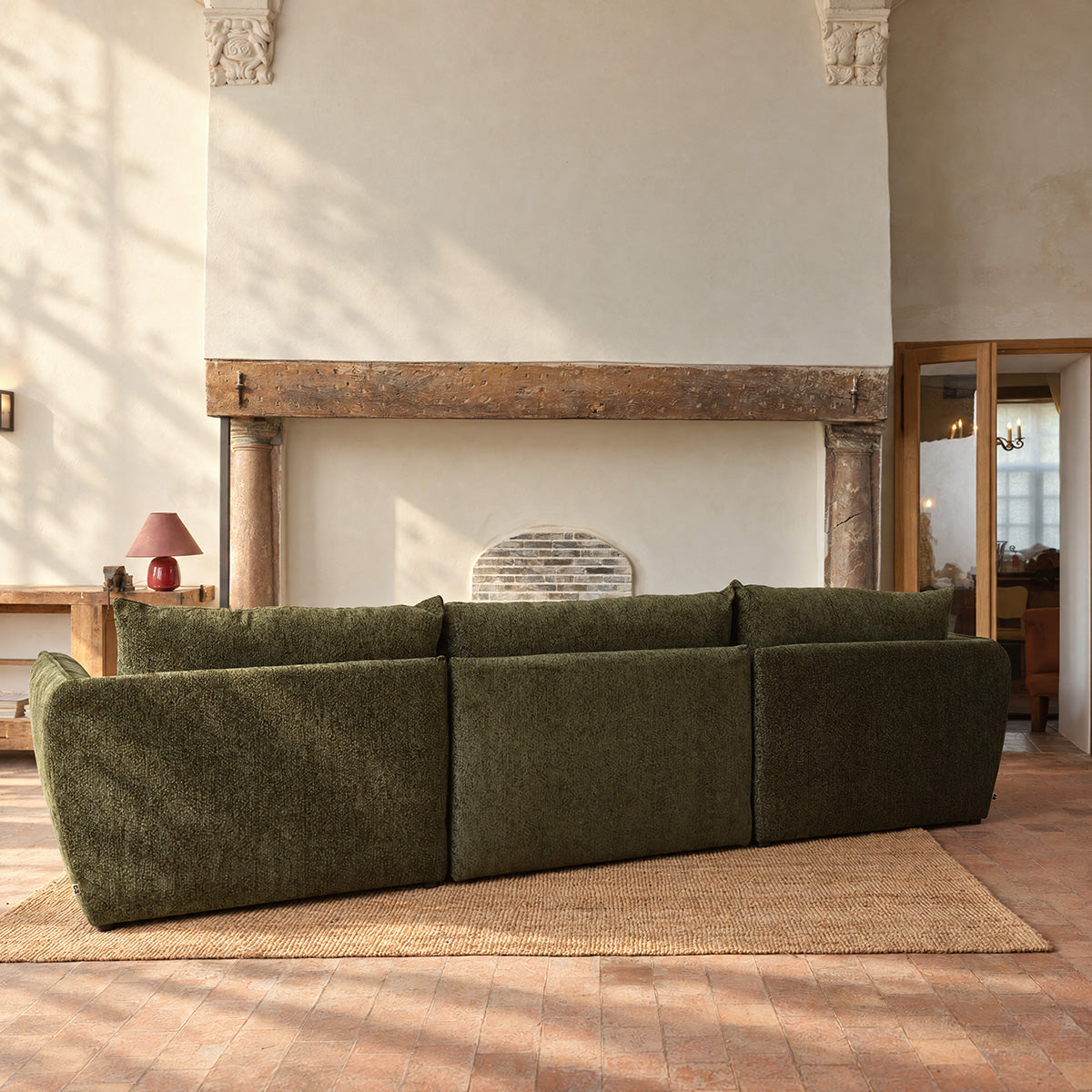 LEOPOLD - Modulares 3-Sitzer-Sofa aus grün meliertem Chenille-Stoff – linke Chaiselongue