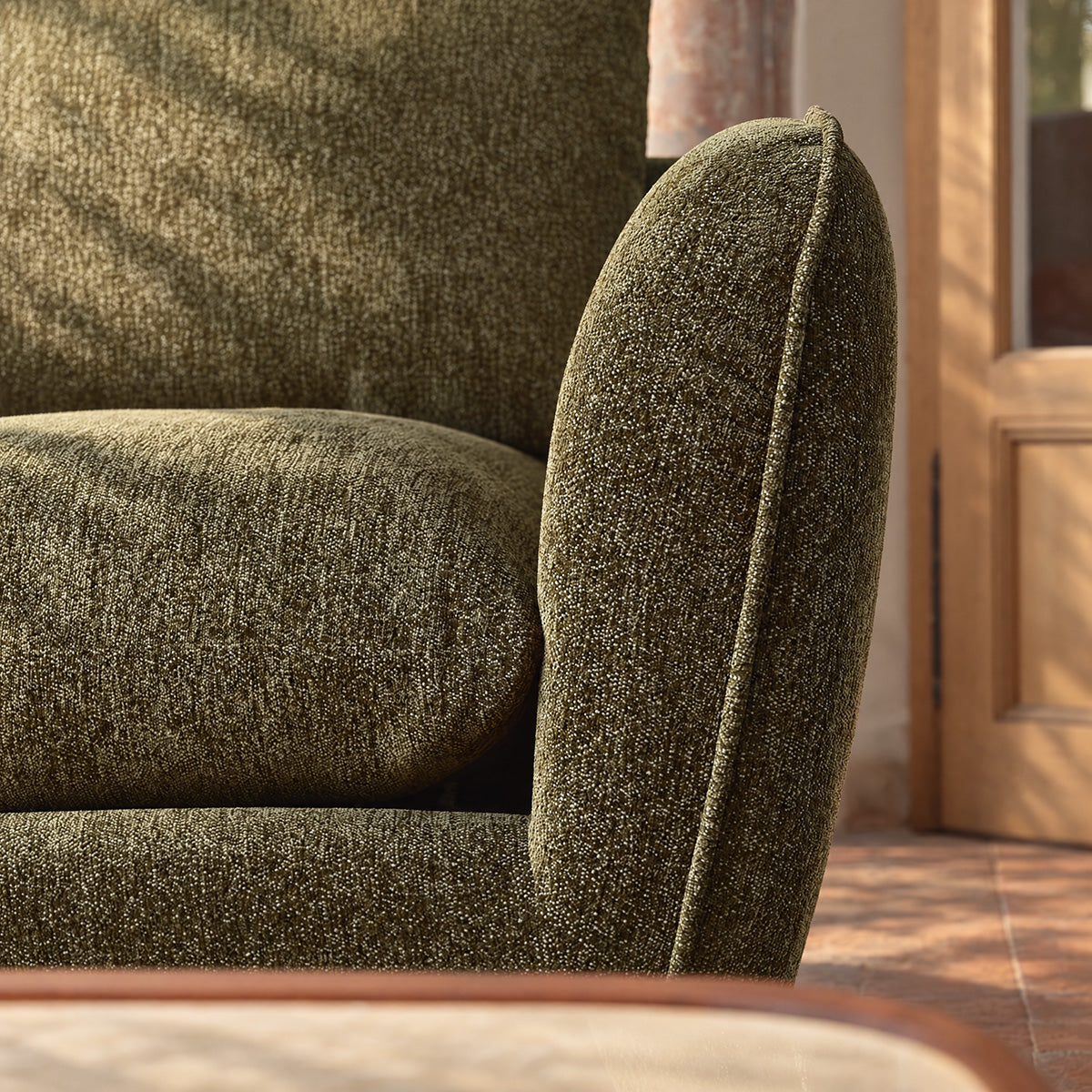 LEOPOLD - Modulares 3-Sitzer-Sofa aus grün meliertem Chenille-Stoff – linke Chaiselongue