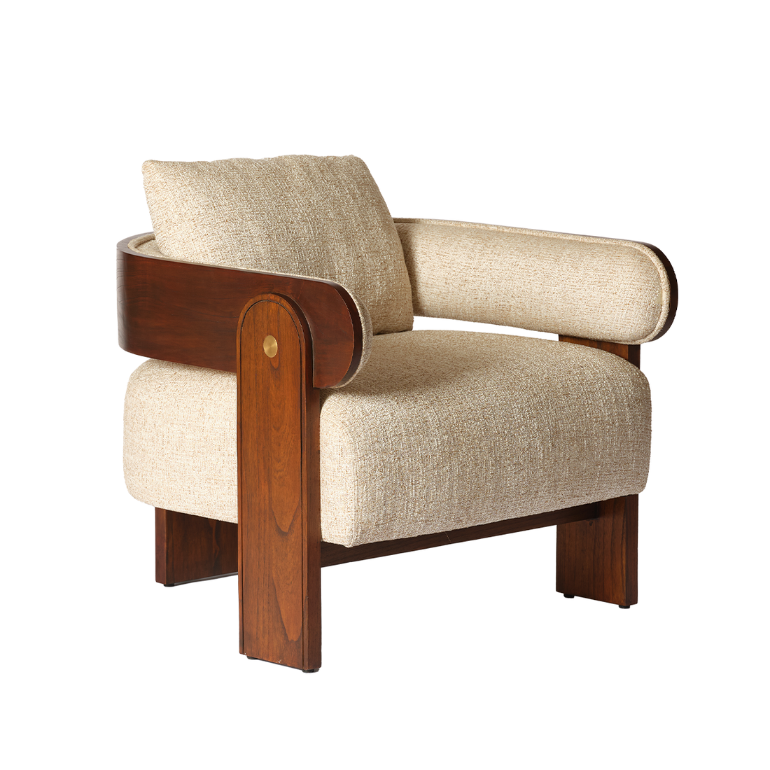 ARCHIBALD - Sessel aus massivem Mindi-Holz und naturfarbener Bouclé-Wolle