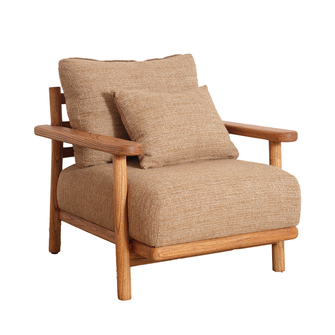 ELIAS - Sessel aus patiniertem massivem Mindi-Holz und Stoff in Cappuccino-Farbe