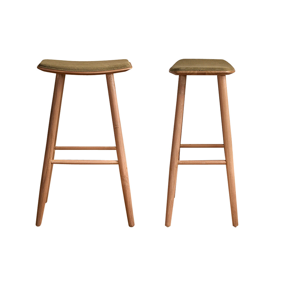AMBRE - Set aus 2 Barhockern aus massivem Teakholz und Sitzfläche aus Cord 75 cm