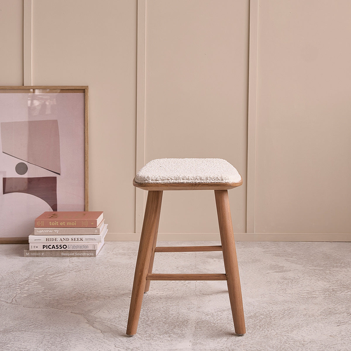 AMBRE - 2er-Set Hocker aus massivem Teakholz und Bouclé-Stof 45 cm