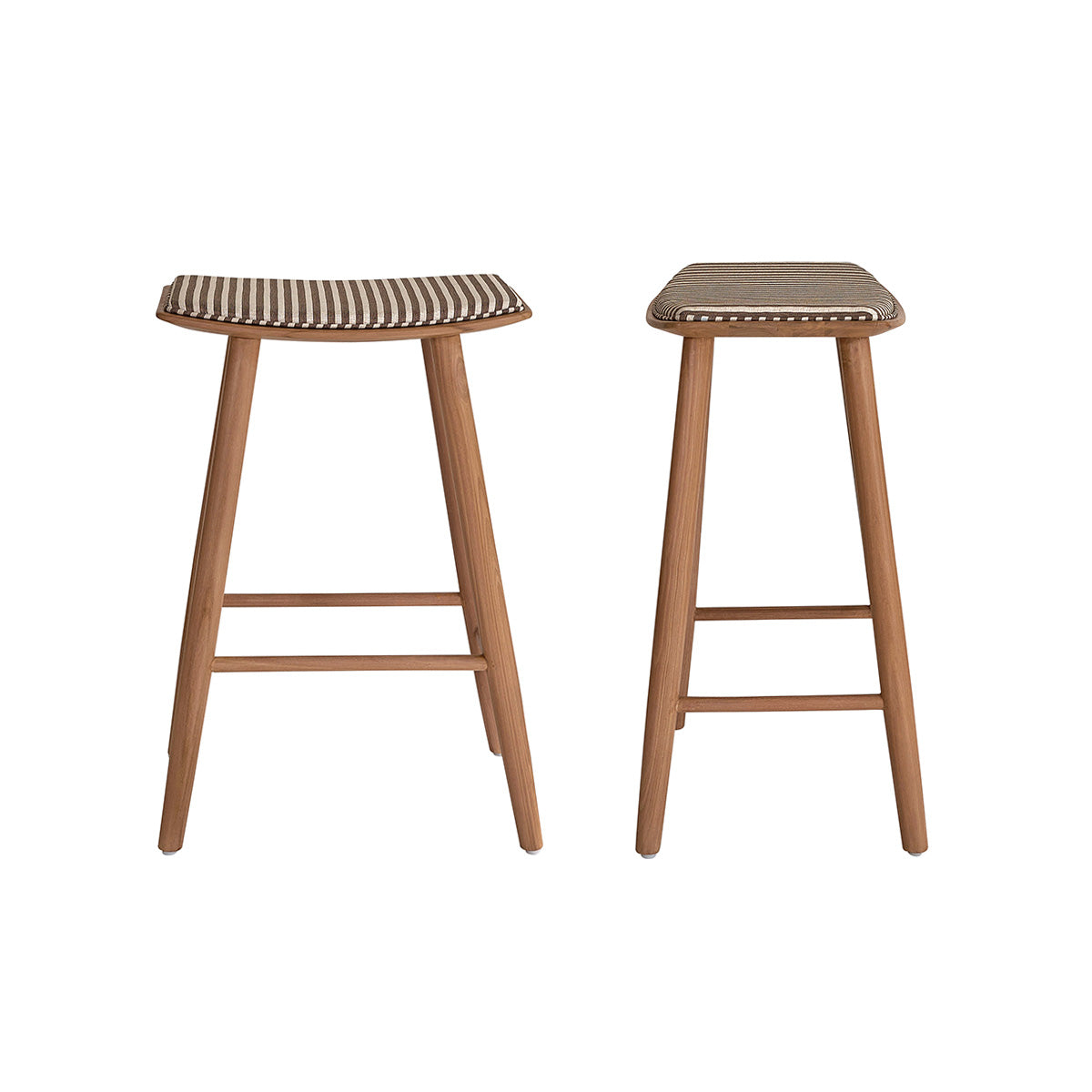 AMBRE - Set aus 2 Barhockern aus massivem Teakholz mit gestreifter Sitzfläche, 65 cm