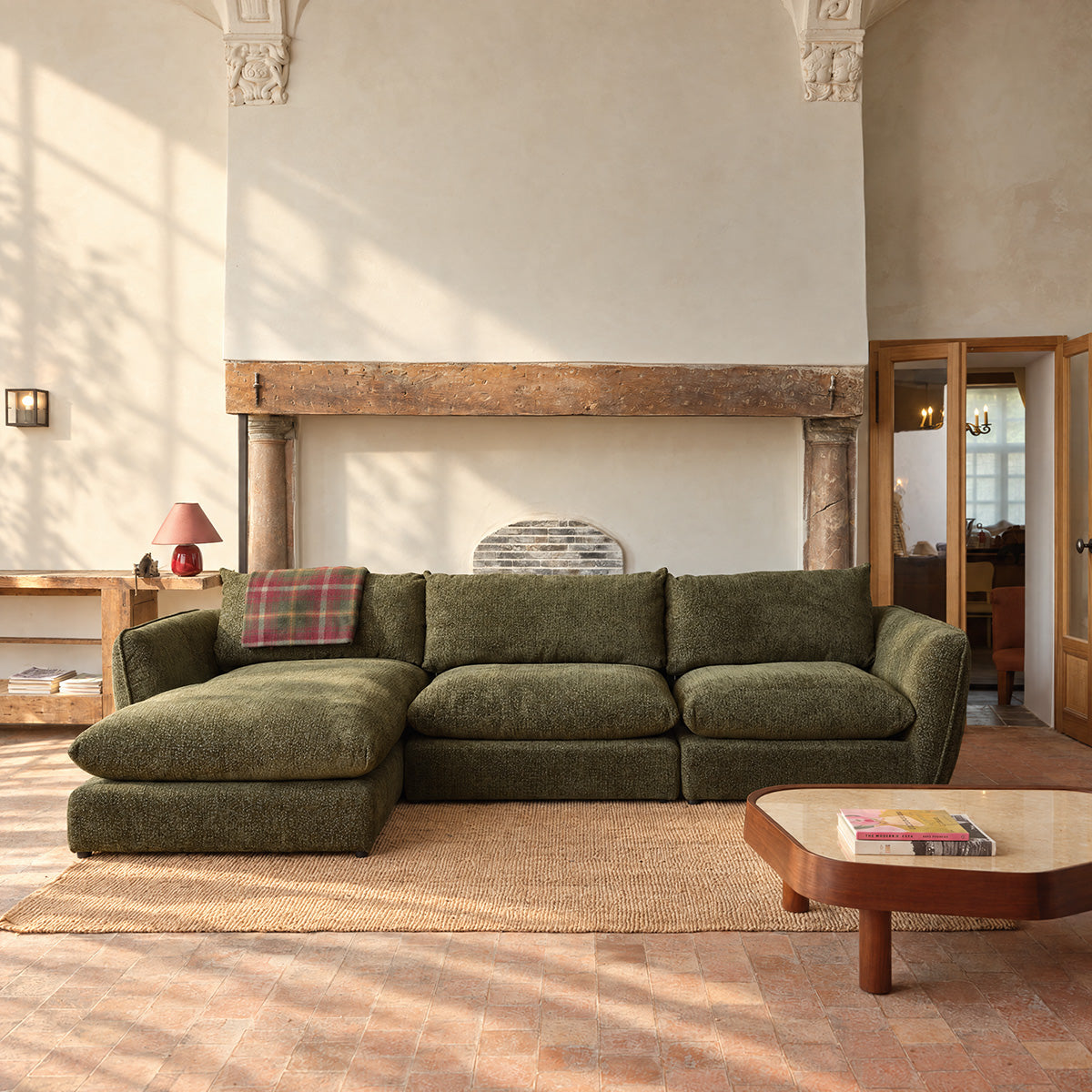 LEOPOLD - Modulares 3-Sitzer-Sofa aus grün meliertem Chenille-Stoff – linke Chaiselongue