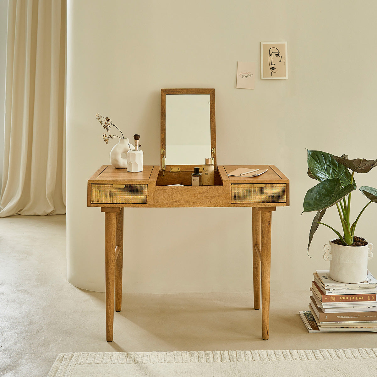 FELICIE - Bureau en manguier massif et cannage 90 cm