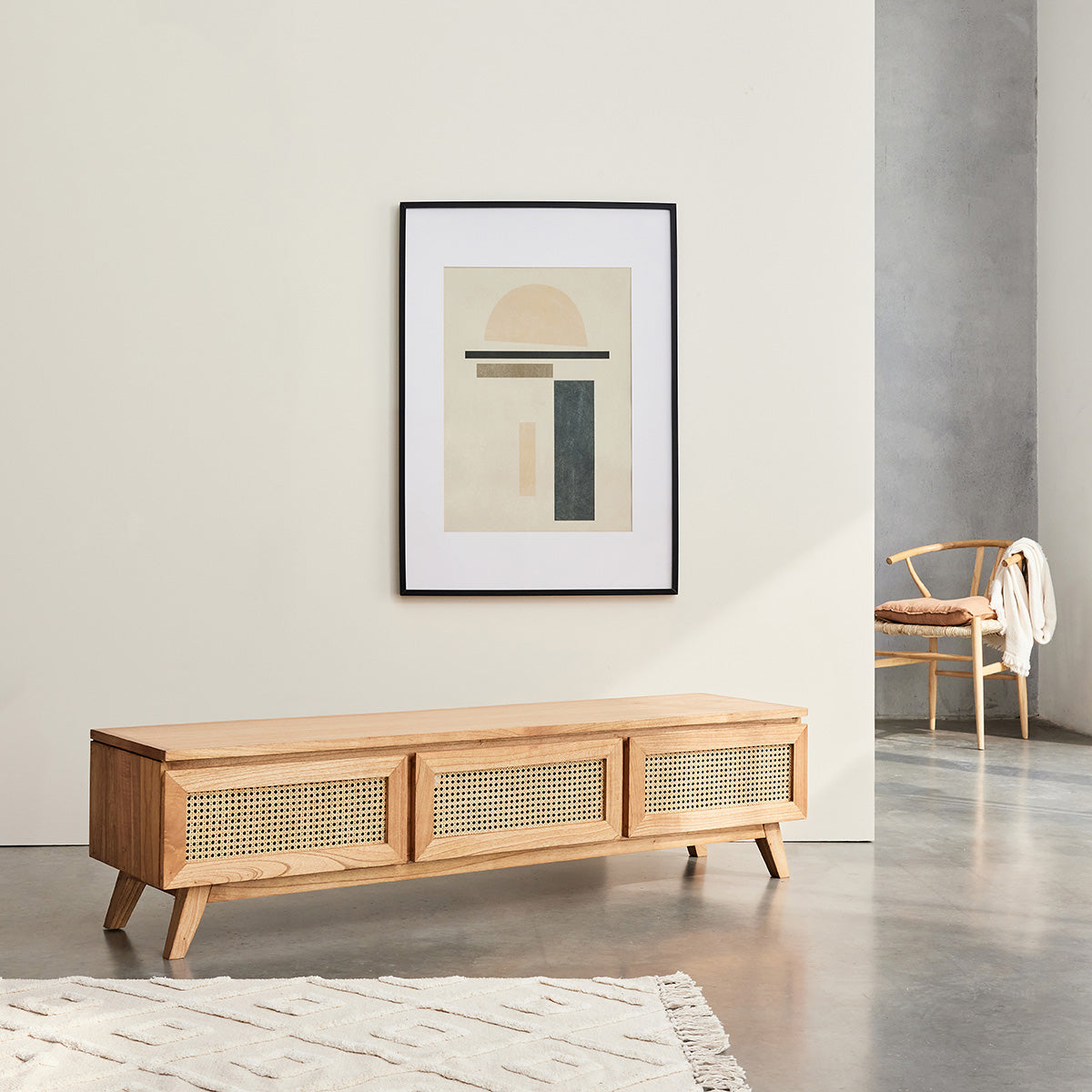 ISÉE - Meuble TV en mindi massif et cannage 160 cm