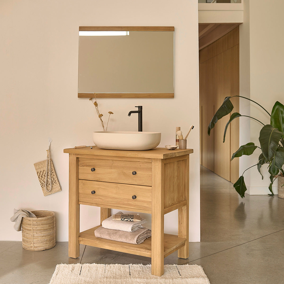 NAHELE - Waschbeckenunterschrank aus massivem recyceltem Teakholz 82 cm