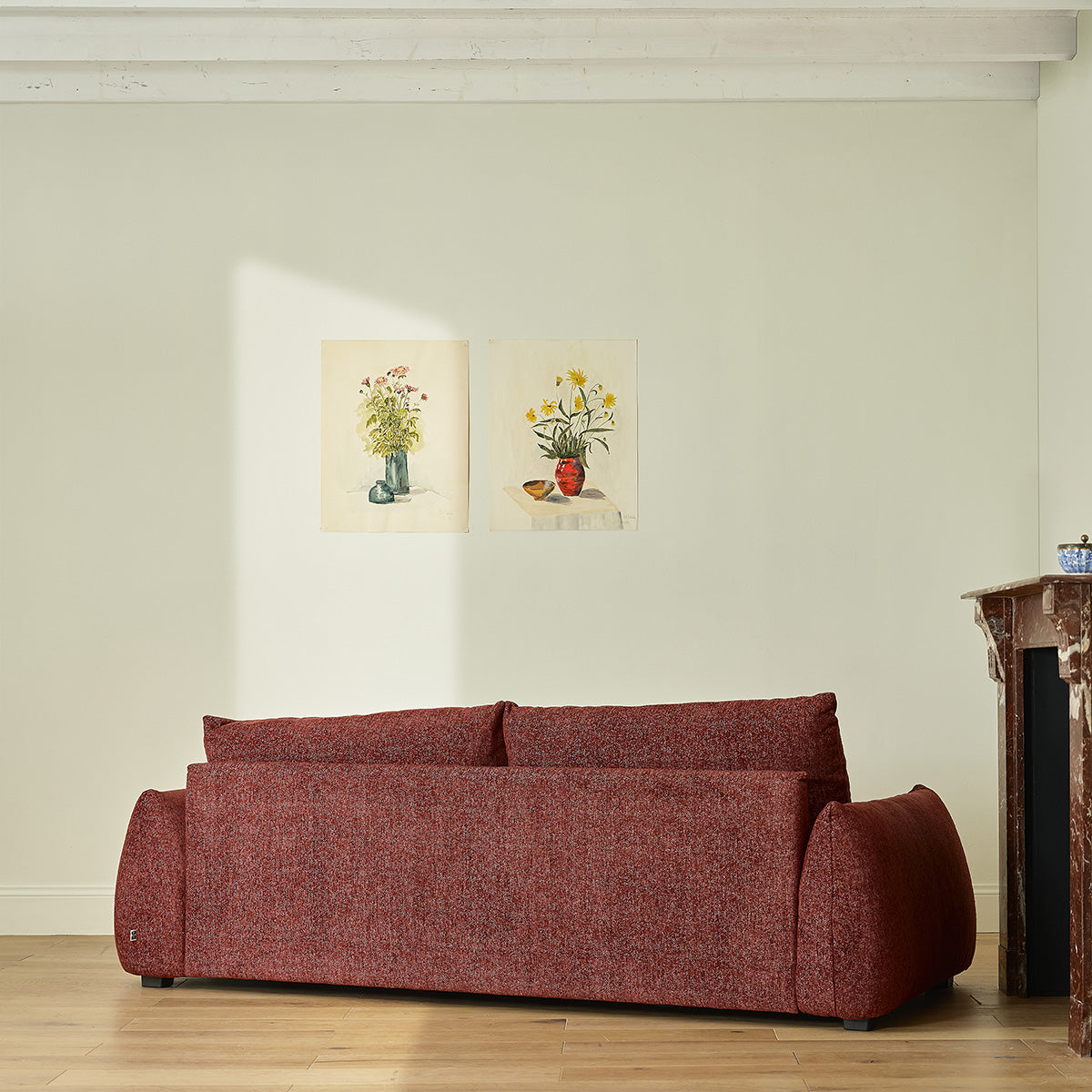 JACQUES - Gerades 3-Sitzer-Sofa aus weinrot meliertem Chenille