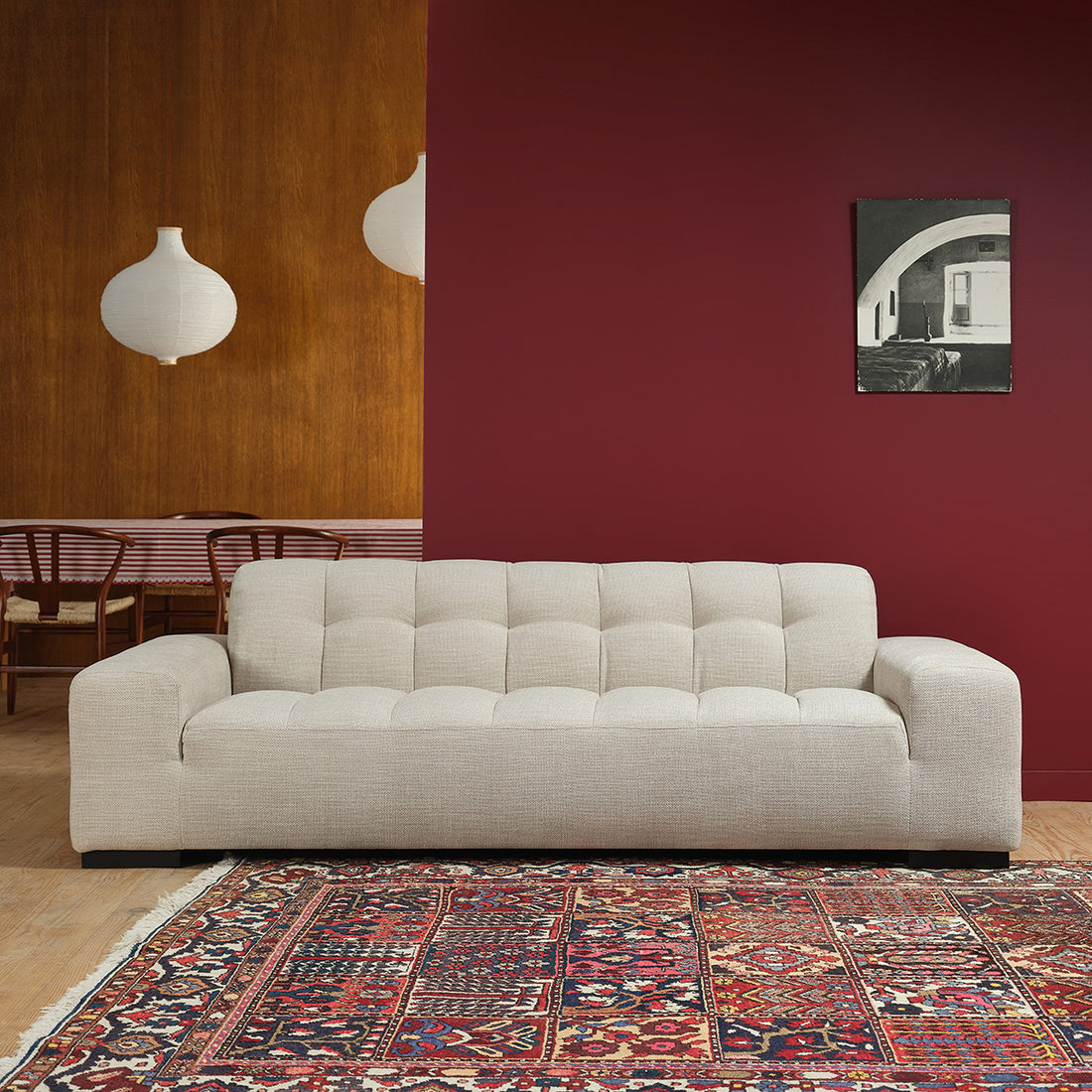 ALPHONSE - Gerades 4-Sitzer-Sofa aus beige meliertem Strukturstoff