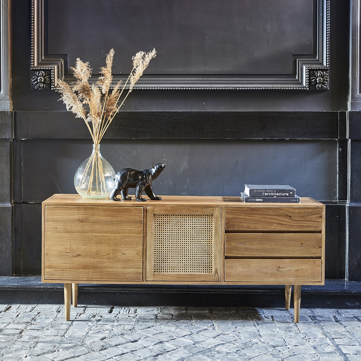 HANA - Buffet aus massivem Mindi und Rohrgeflecht 175 cm