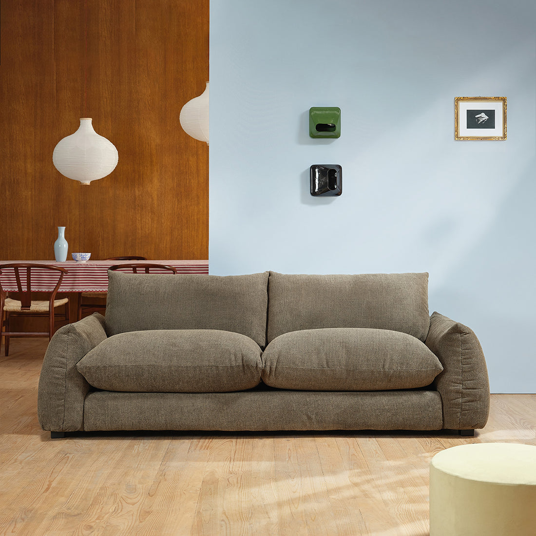 JACQUES - Gerades 3-Sitzer-Sofa aus khakifarbenem meliertem Strukturstoff