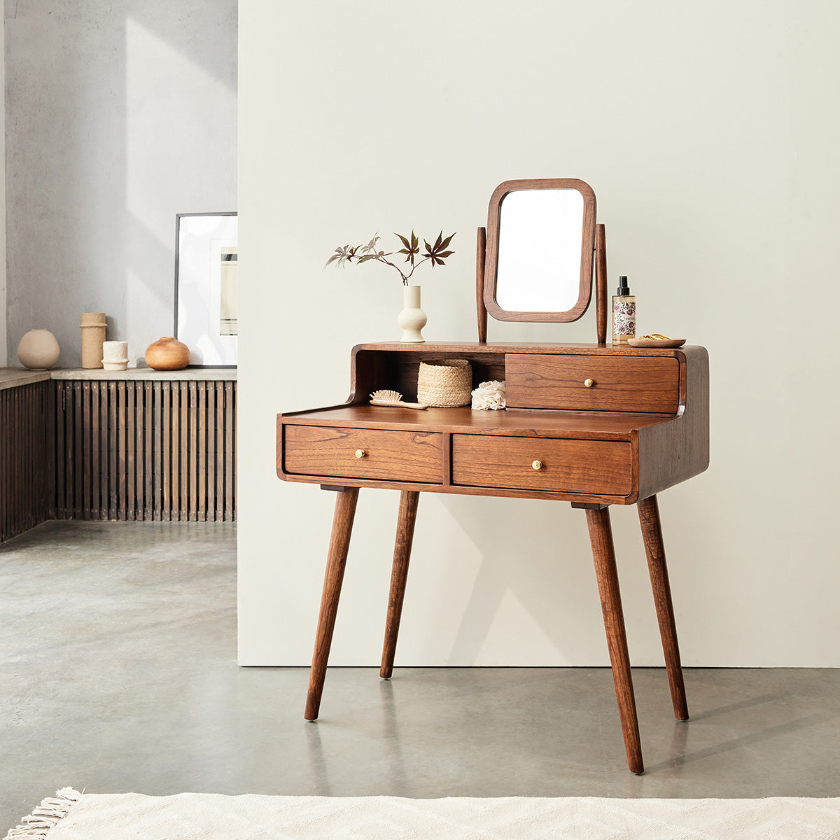 VINTAGE - Schminktisch aus massivem Mindi mit Nussbaum-Oberfläche 90 cm
