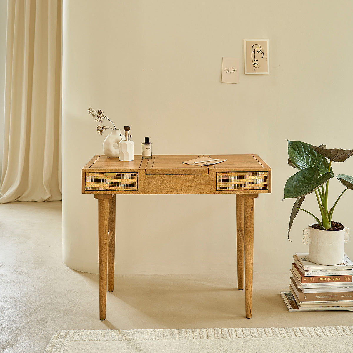 FELICIE - Coiffeuse en manguier massif et cannage 90 cm