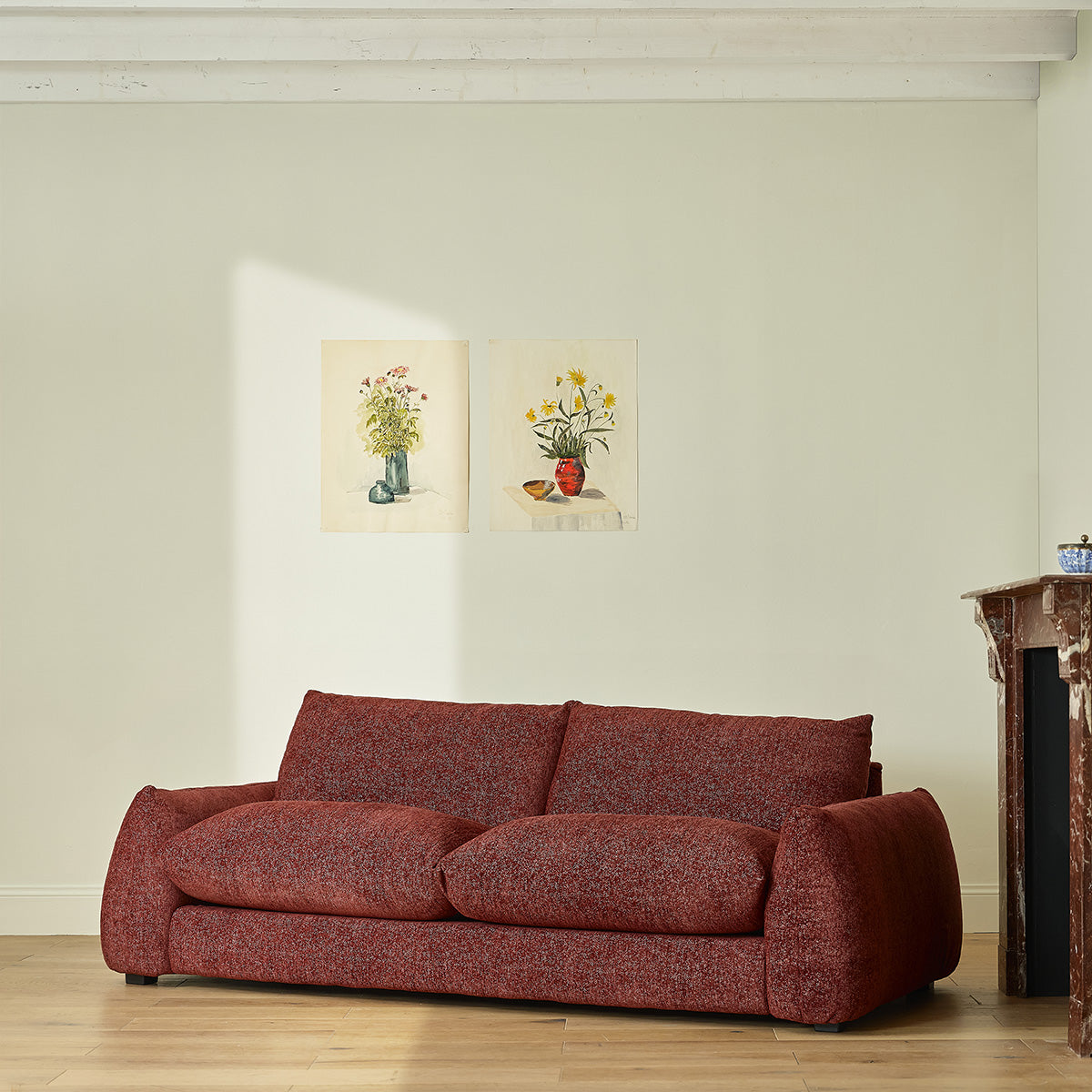 JACQUES - Gerades 3-Sitzer-Sofa aus weinrot meliertem Chenille