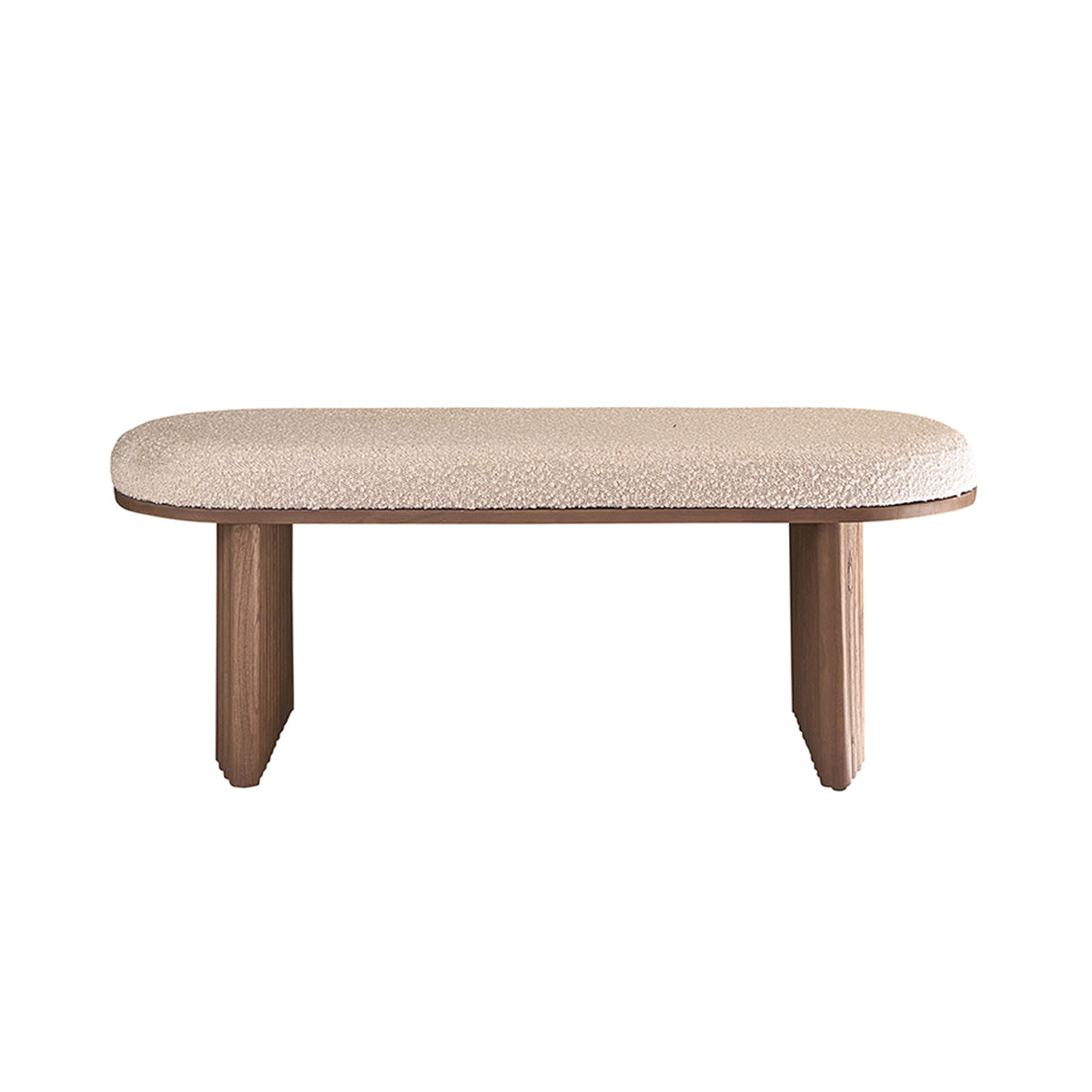 MARLOW - Bank aus massivem Mindi in Walnuss-Finish und Bouclé-Stoff 120 cm