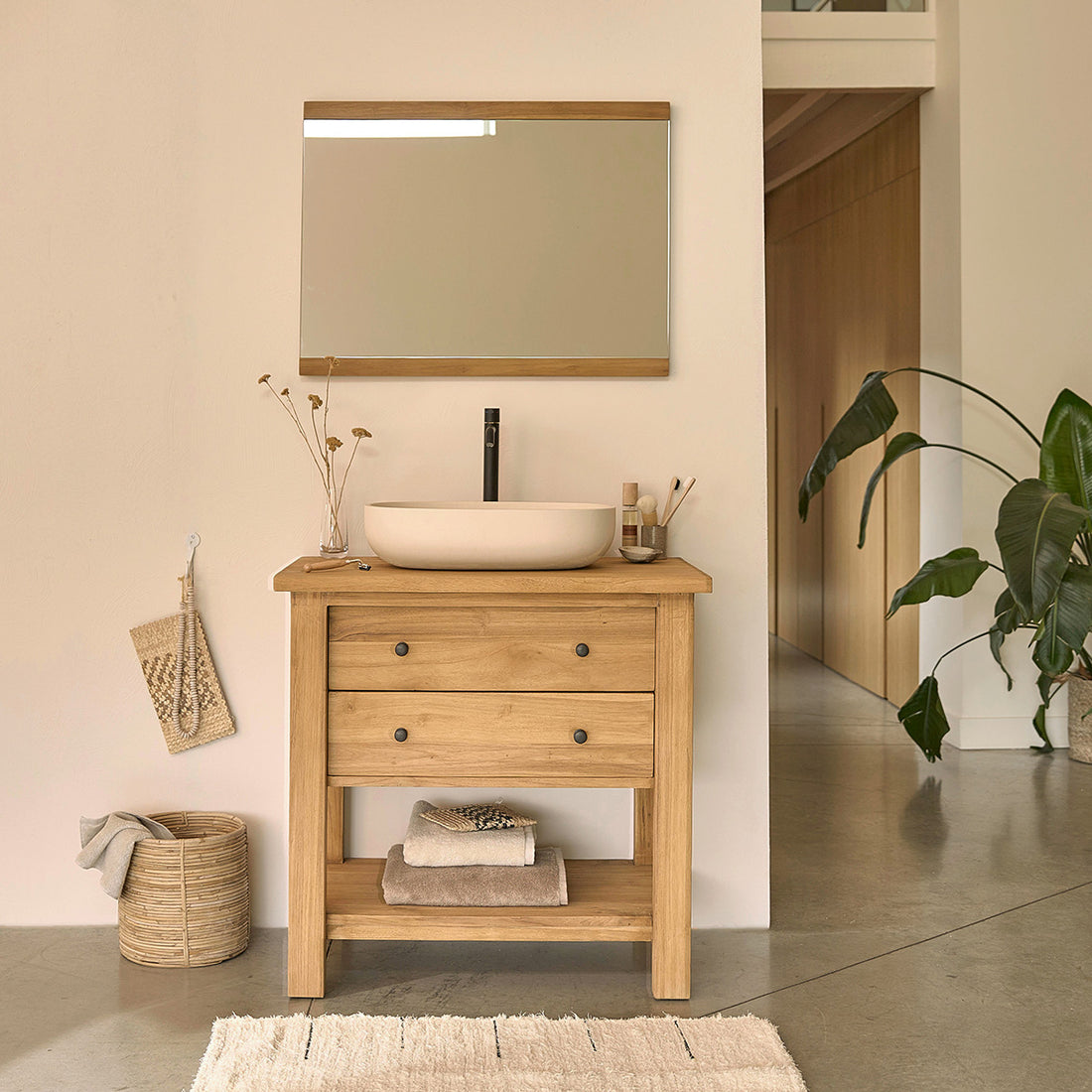 NAHELE - Waschtischunterschrank aus massivem recyceltem Teakholz 82 cm