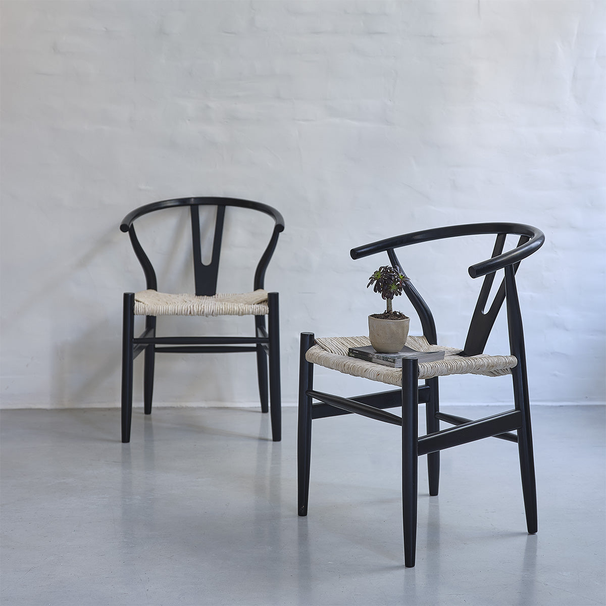 CAMILLE - Lot de 2 chaises en mindi massif noires et corde naturelle