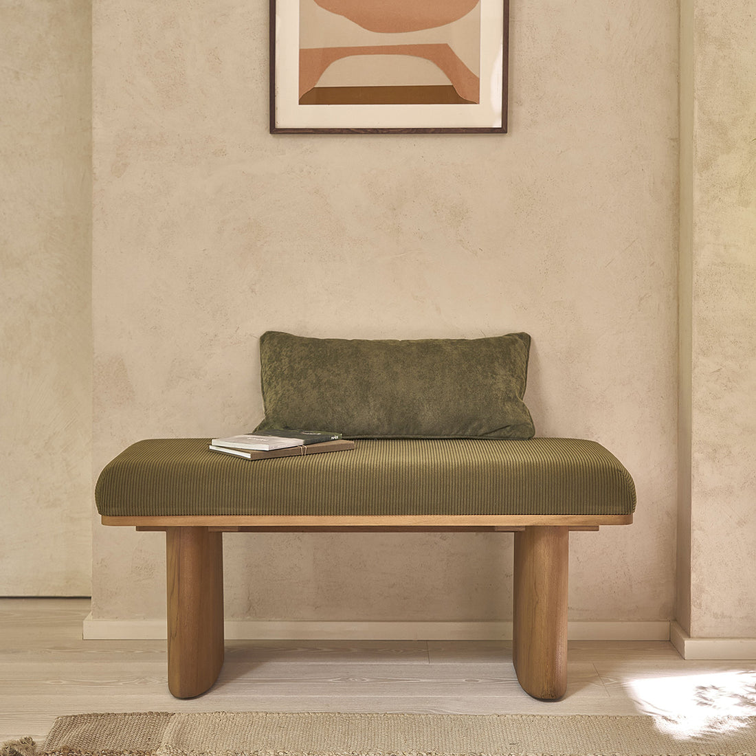 AMBRE - Bank aus massivem Teakholz und grünem Cordstoff 100 cm