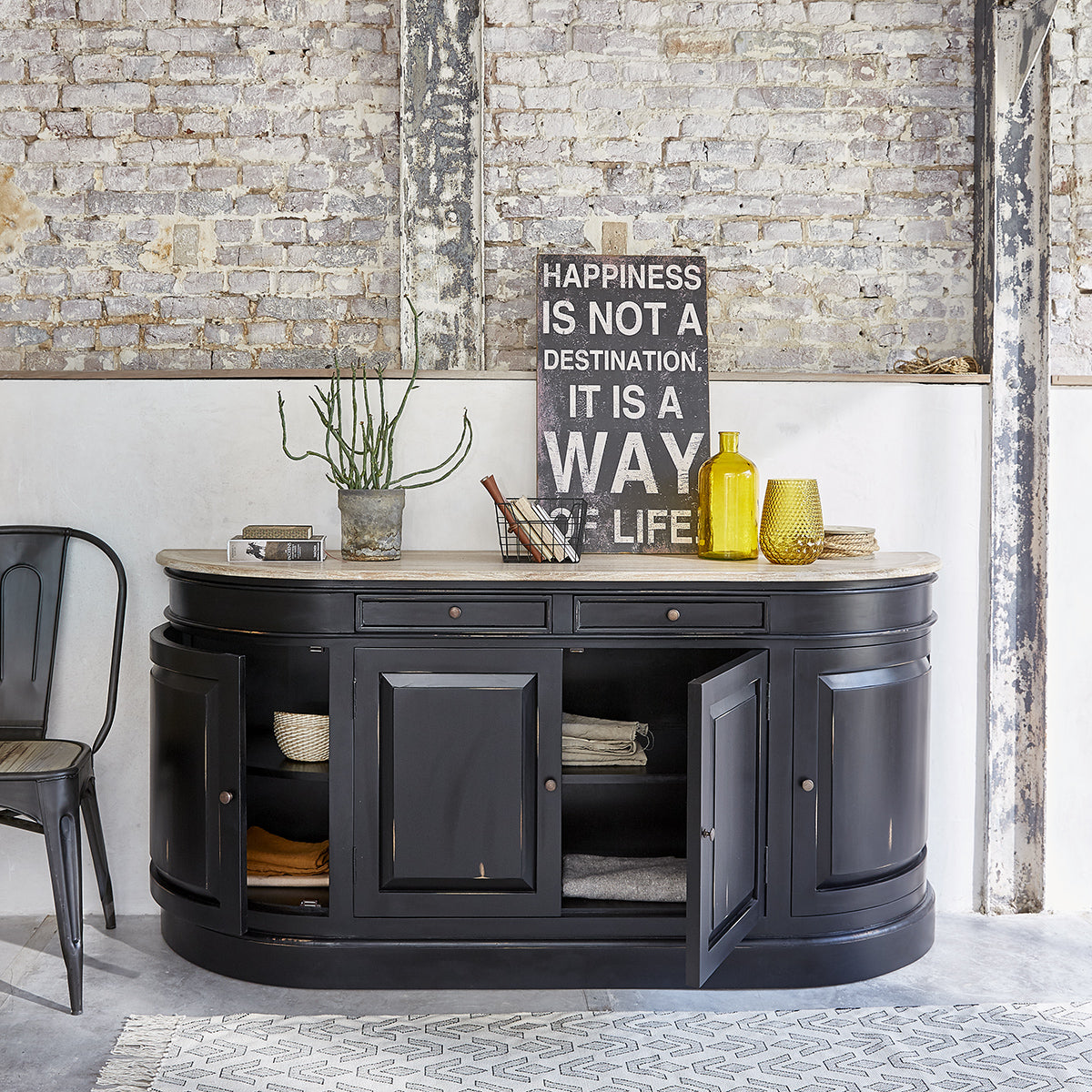 LONDRES - Sideboard aus Mahagoni und massivem Teakholz, 180 cm, schwarz
