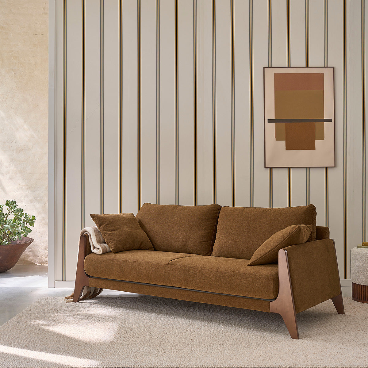 ONDINE - Gerades 3-Sitzer-Sofa aus Massivholz und bronzefarbenem Samtstoff