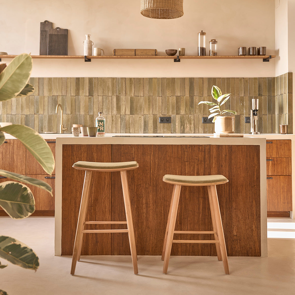 AMBRE - Hocker aus massivem Teakholz und Sitzfläche aus Cord 65 cm